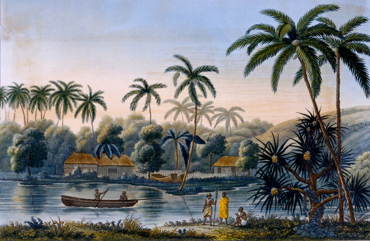 En del af landsbyen Matavae, kokospalmer og anden frugt, Tahiti, fra Voyage around the World på Corvette Coquille af løjtnant Louis Isodore Duperrey, udgivet 1826 af French School