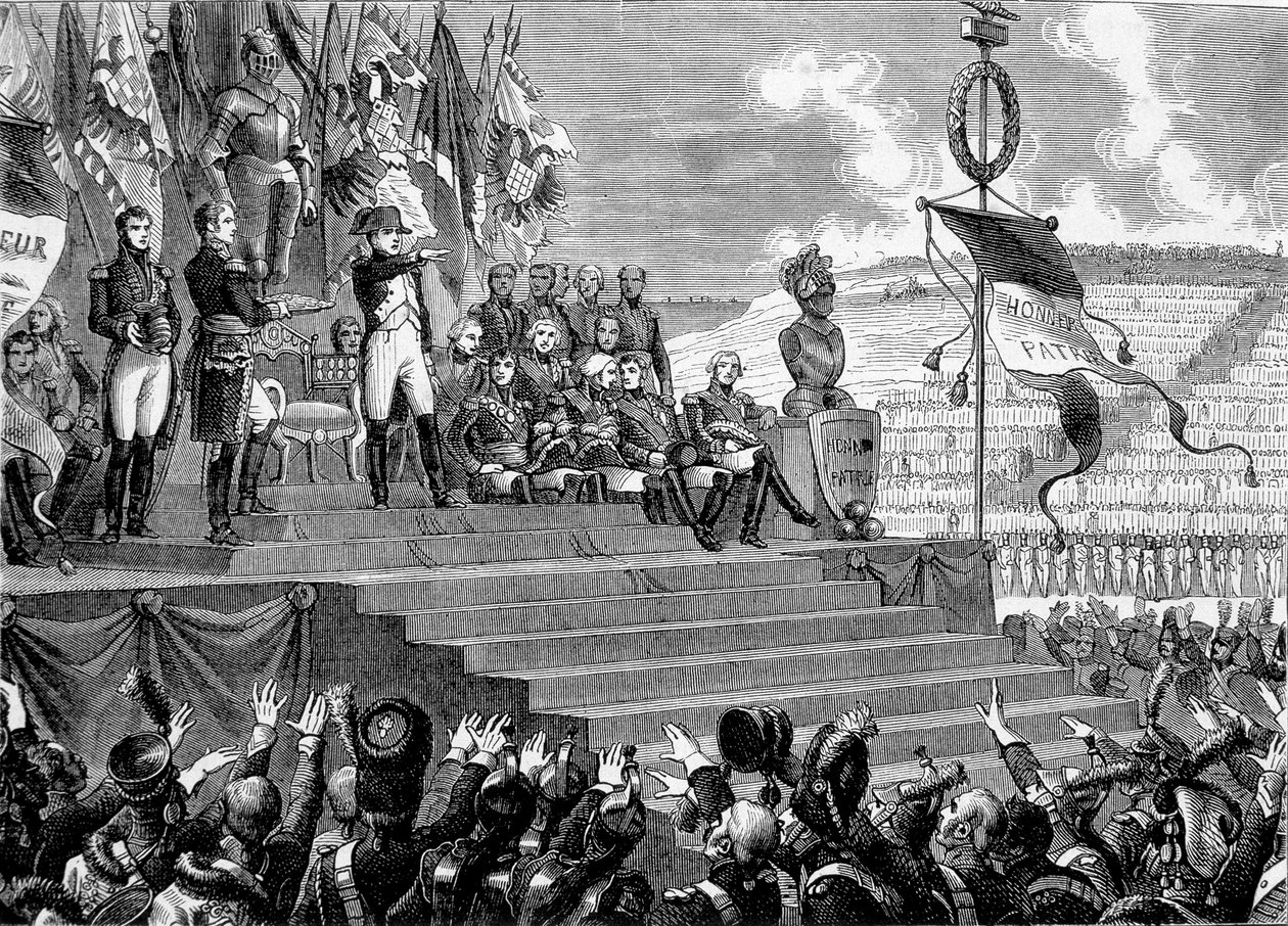 Fest i Camps de Boulogne: Napoleon I-konsul. Gravering - i "" Histoire de France"" af Henri Martin. 19. århundrede. af French School