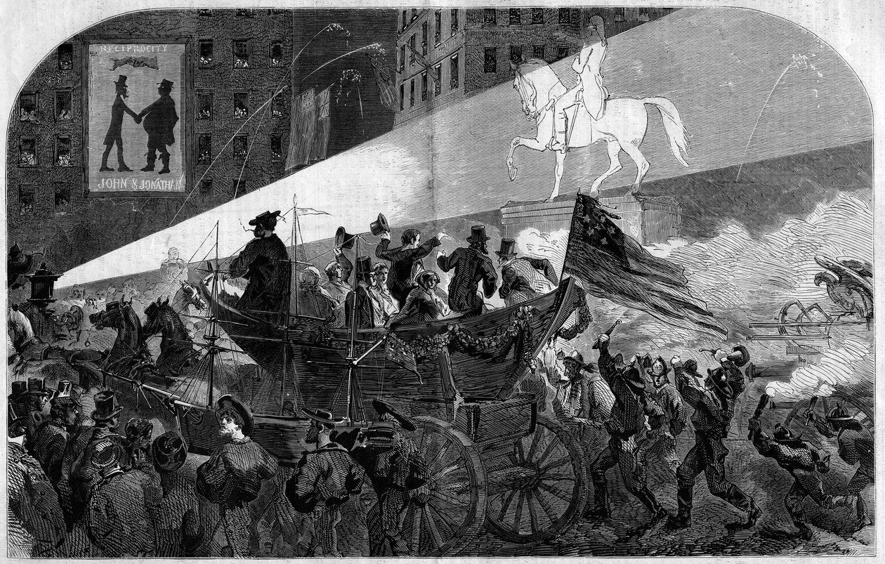 Fest i New Yorks (New York) gader for at fejre installationen af det transatlantiske telegrafiske kabel mellem USA (USA) og England i 1858. Indgravering i "" Le Monde Illustré"" nr. 79 af 16. oktober 1858. af French School