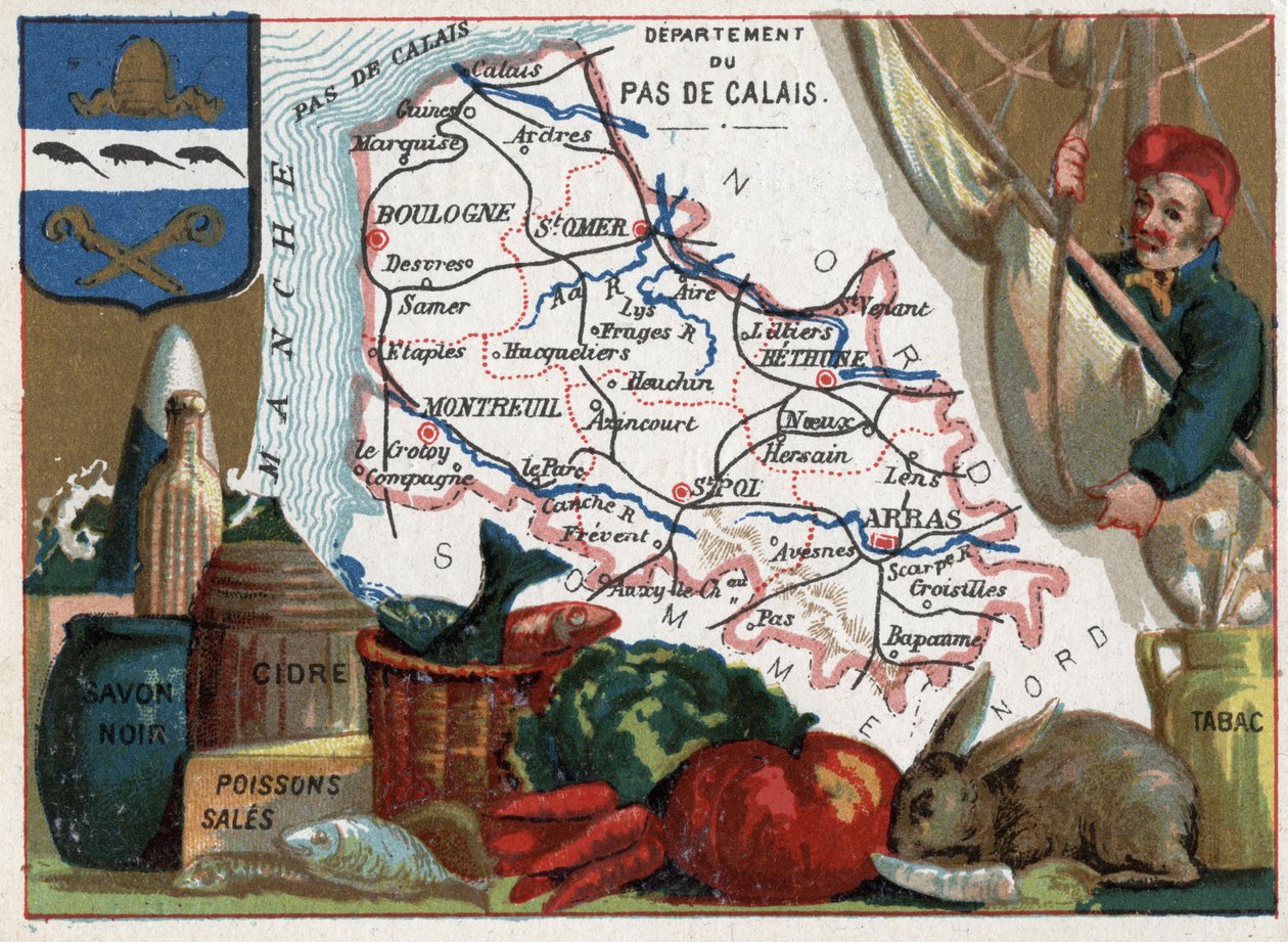 Pas de Calais (62), Nord Pas de Calais (Nord-Pas-De-Calais), Frankrig. Lokale specialiteter: sort sæbe, snavset fisk, cider og tobak. Serie om de franske departementer. Chromolithography (Chromo) "" den geografiske tråd"", ca. 1920. Privat samling. af French School