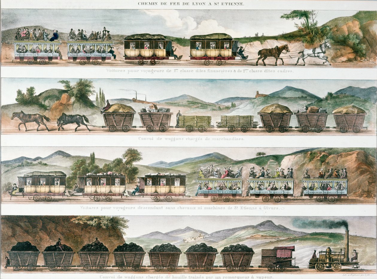 Passagerer og fragt på den første franske linje åbnede mellem Lyon og St. Etienne, 1829 (farve litho) af French School
