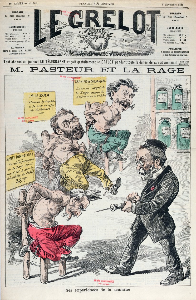 Pasteur og Rabies, karikatur af Louis Pasteurs eksperimenter (1822-95) fra Le Grelot, 8. november 1885 af French School