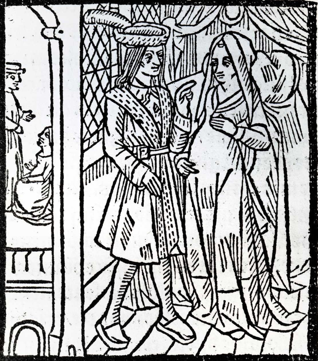Pathelin og Guillemette, fra The Farce of Master Pierre Pathelin, c.1465 af French School