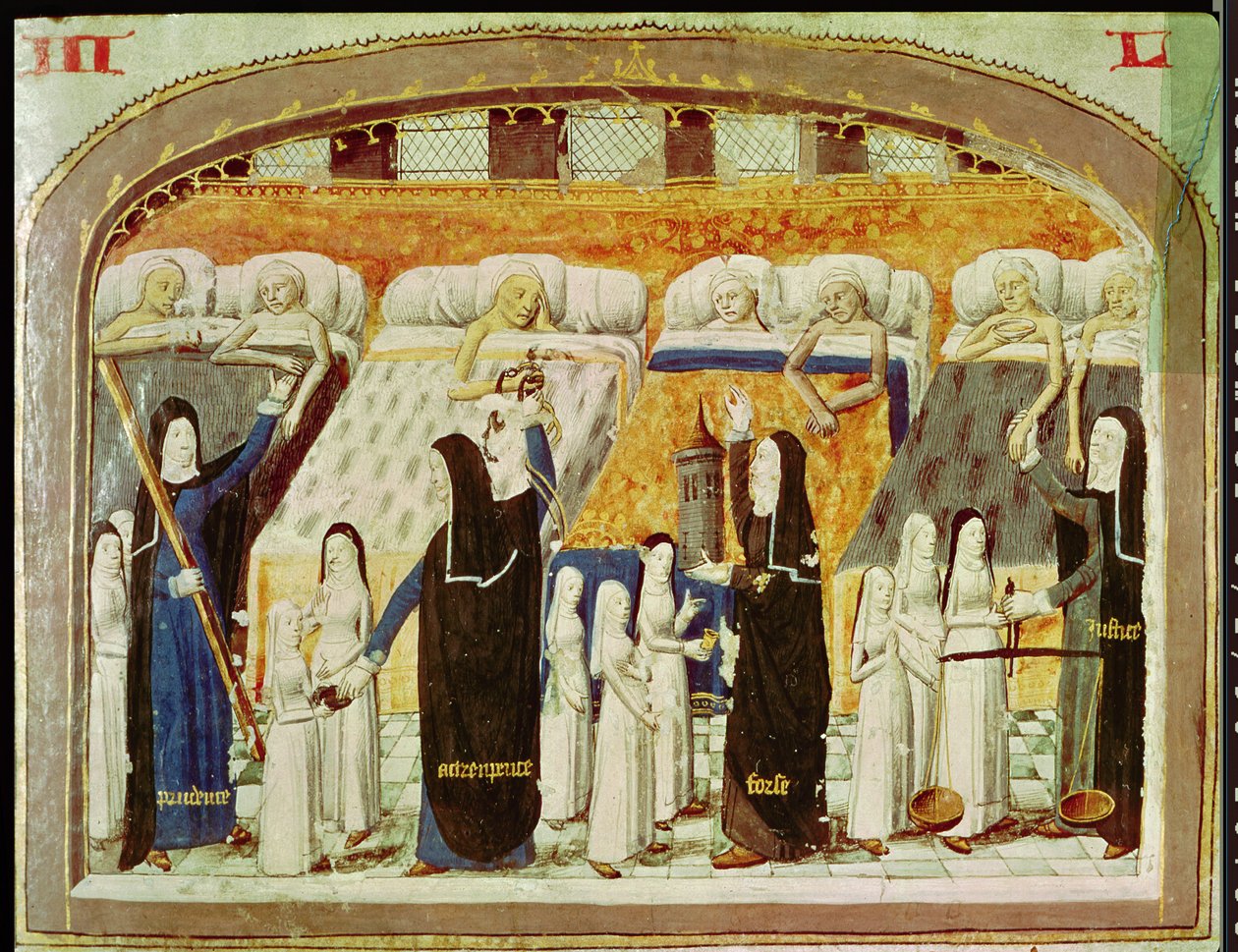 Patienter og nonner på hospitalet i Hotel Dieu i Paris, fra Le Livre de Vie Active de lHotel Dieu af Jean Henry, ca. 1482 af French School