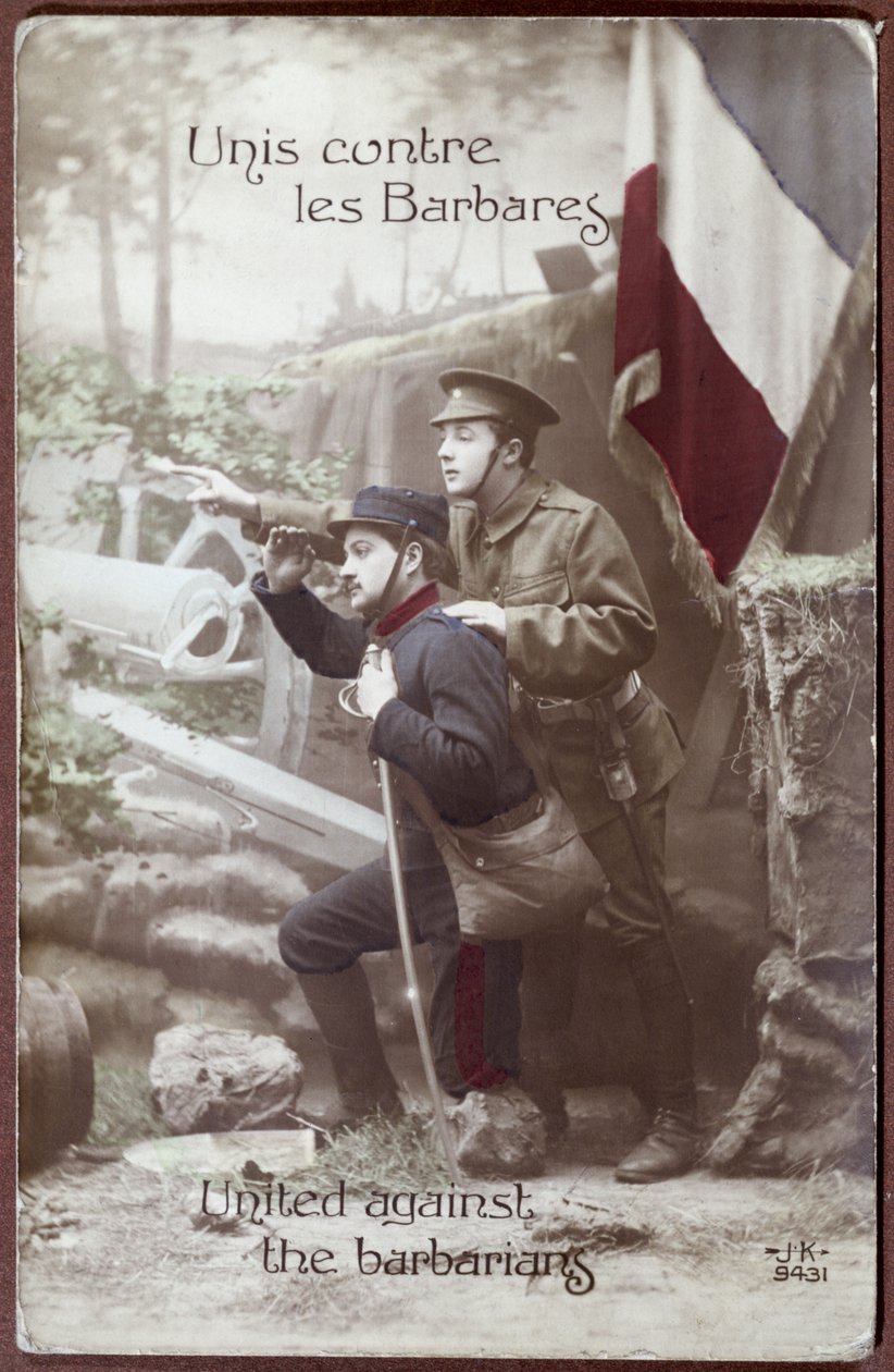Patriotisk postkort fra 1. Verdenskrig, forestillende en fransk og en engelsk soldat sammen, ca. 1915 af French School