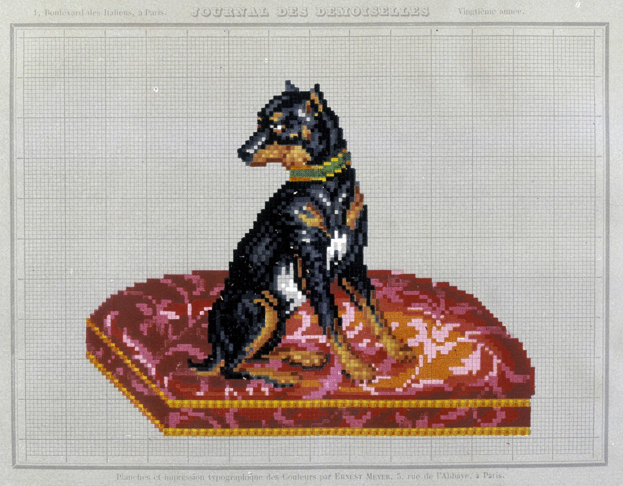Mønster til korsstingsbroderi (hund) - i "" Journal des Demoiselles"" 1852. af French School