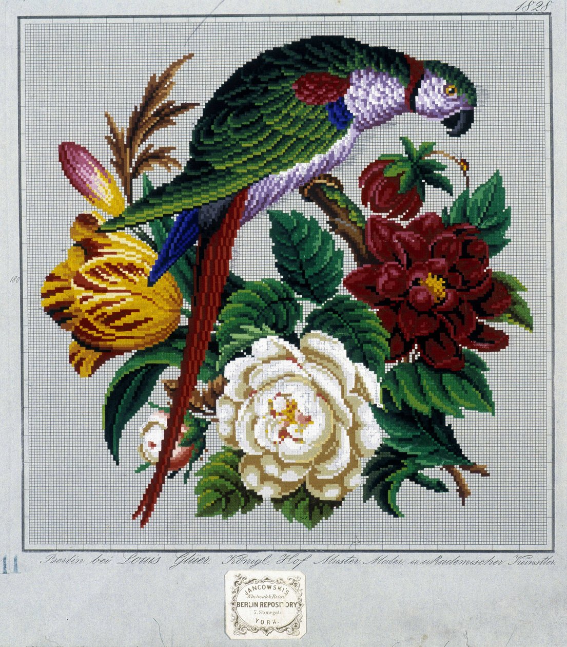 Mønster til korsstingsbroderi (papegøje) - i "" Journal des Demoiselles"" 1852. af French School