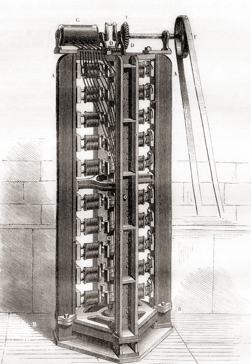Paul-Gustave Froments vertikale elektromotor, ca. 1844, fra Les Merveilles de la Science, udgivet ca. 1870 (gravering) af French School