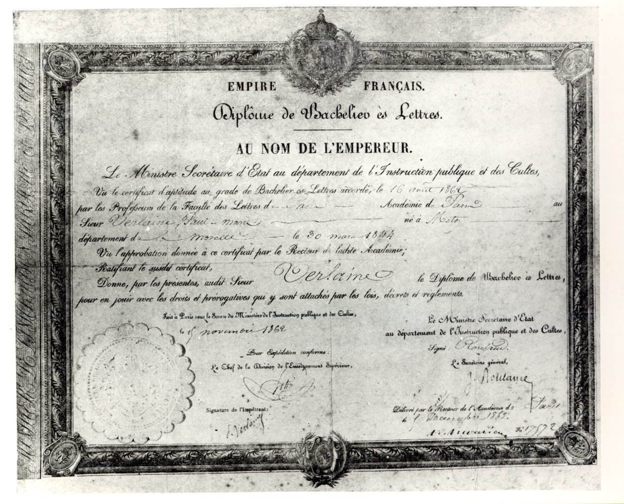 Paul Verlaines Baccalaureat, 1862 (pen og blæk på papir) af French School