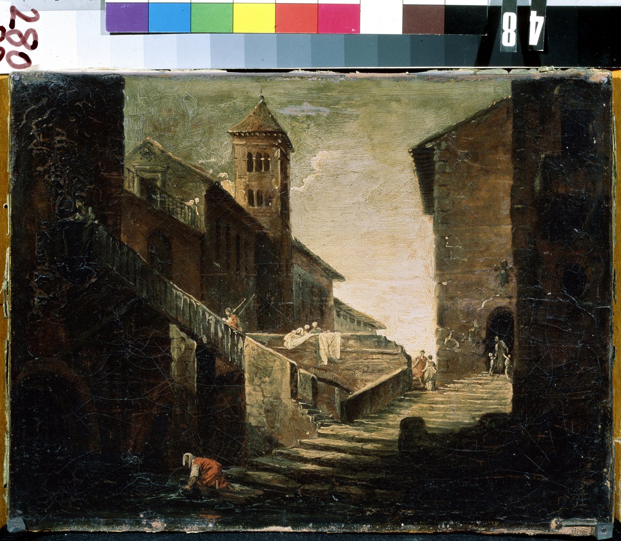 ""Landskab i en fransk landsby"" Broen og floden i en populær bydel. Fransk skolemaleri. Det tidlige 18. århundrede Mikhail Kroshitsky kunstmuseum, Sevastopol (Sevastopol) Ukraine af French School