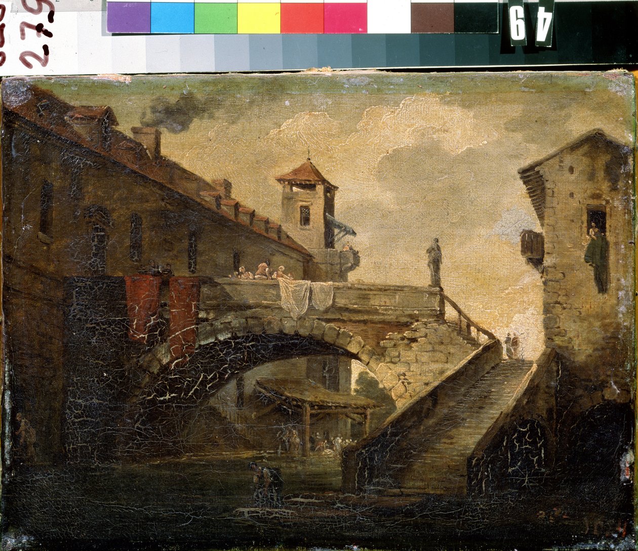 ""Landskab i en fransk landsby"" Broen og floden i en populær bydel. Fransk skolemaleri. Det tidlige 18. århundrede Mikhail Kroshitsky kunstmuseum, Sevastopol (Sevastopol) Ukraine af French School