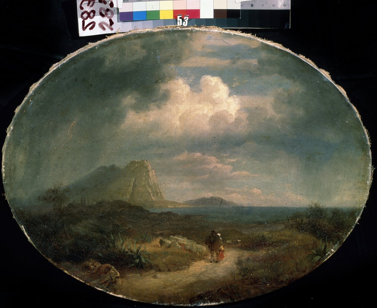 ""Italiensk landskab"" Strandlandskab i stormvejr med et par gående på en vej. Maleri af den franske skole fra begyndelsen af ​​1800-tallet. Mikhail Kroshitsky kunstmuseum, Sevastopol (Sevastopol) Ukraine af French School