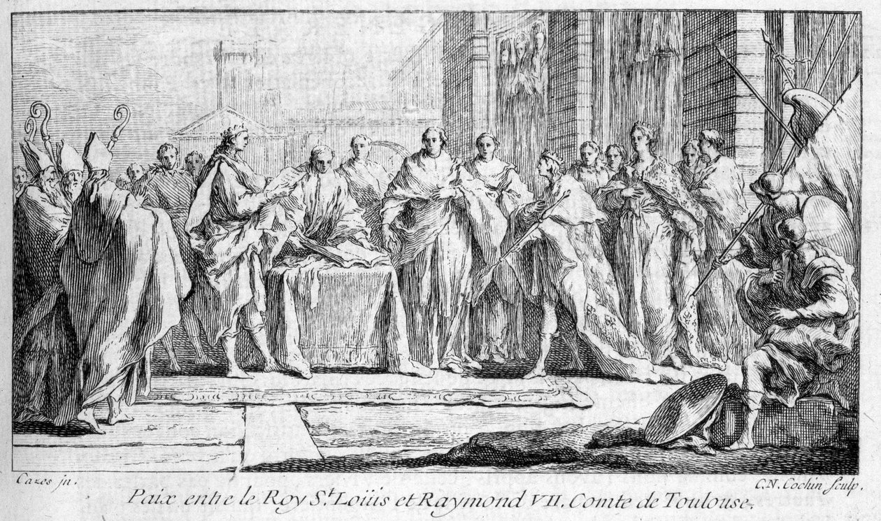Fred mellem Raymond VII og Saint Louis 1229 i "Histoire générale de Languedoc" af Joseph Vaissete, Paris af French School