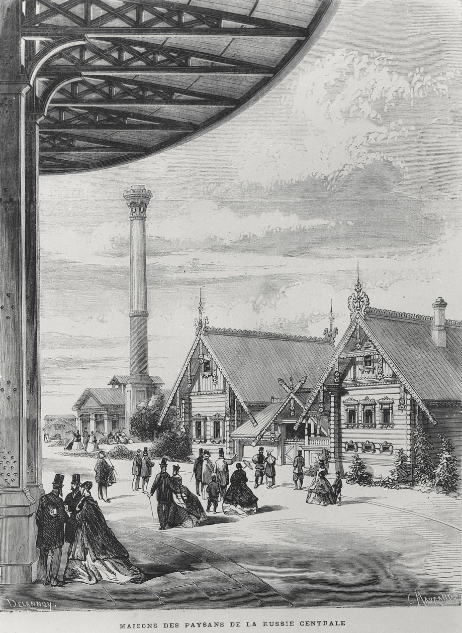 Bondehuse ved den russiske pavillon ved Exposition Universelle i 1867 (litho) af French School