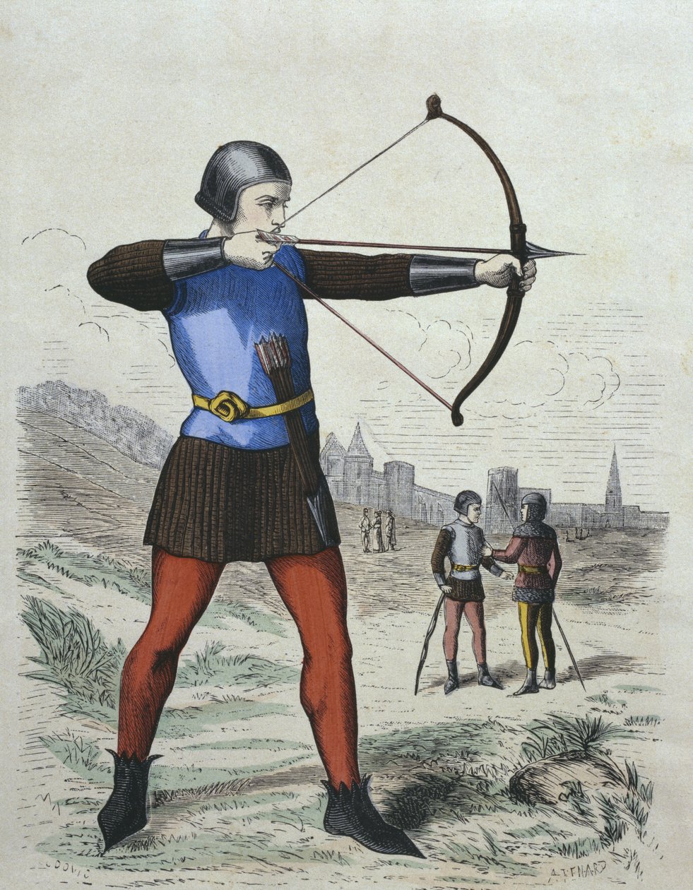 Fodgængerbueskytte i 1200-tallet, illustration fra Costumes de Paris a travers les siecles af H. Gourdon de Genouillac, indgraveret af A. Renard (1800-tallet) (farvestik) af French School