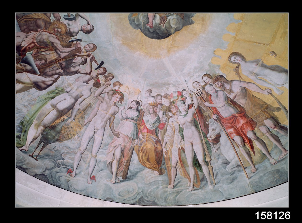 Folk fra Mediciens hof, med Charles IX som Janus i midten, til højre for ham katolikker, der smeder våben til krig, til venstre for ham protestanterne, også Catherine de Medici som Juno og Diane af af French School
