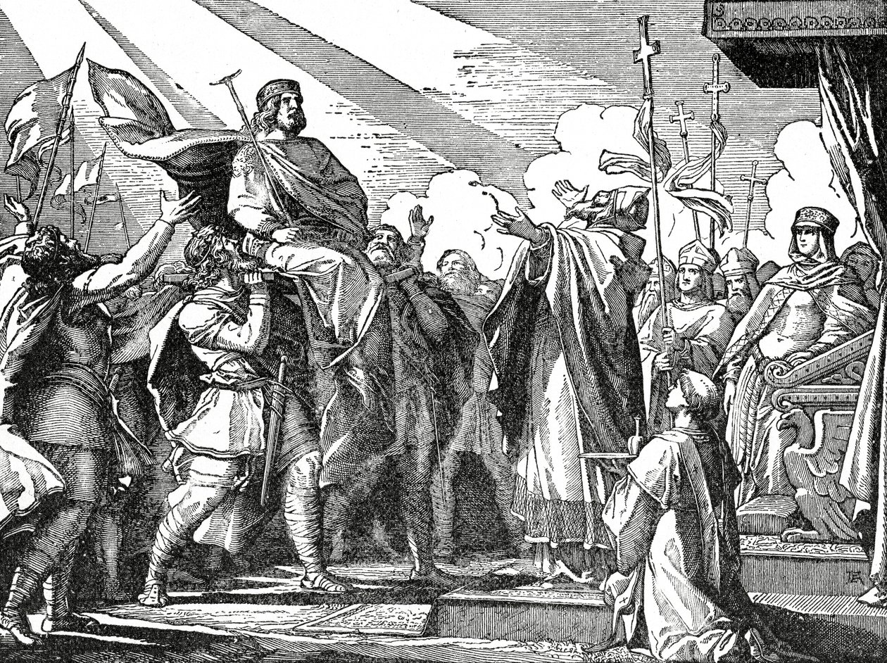 Pepin udråbte til konge af frankerne i 751, ca. 1890 Pepin den Korte (ca. 715-68) uægte søn af Charles Martel; Pepin le Bref; far til Karl den Store (747-815); af French School