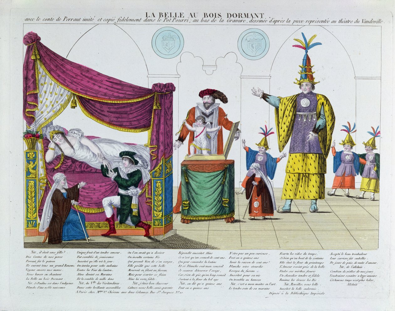 Opførelse af Tornerose efter eventyret af Charles Perrault (1628-1703), på Vaudeville Theatre, Paris, ca. 1820 (farvegravering) af French School