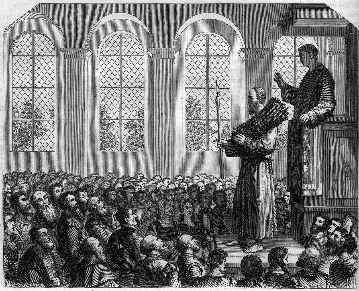 Forfølgelser af protestanter i England i det 16. århundrede: offentlig anger af James Bainham (Baynham) i Saint Paul. Anklaget for kætteri, blev han dømt til at stå foran prædikestolen, en bøsse på hovedet, under en prædiken, der blev udtalt mod ham af French School