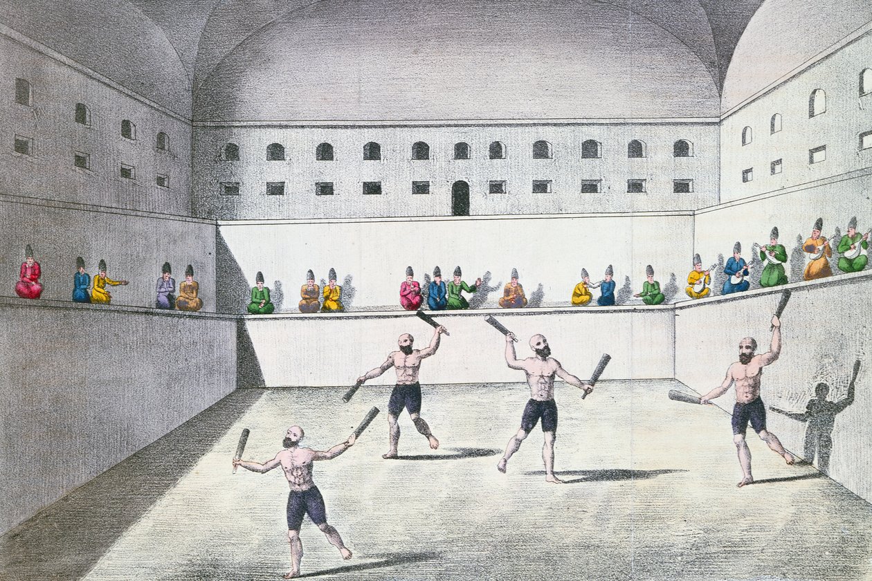 Persiske atleter, der træner i et gymnasium, ca. 1820 (farvegravering) af French School