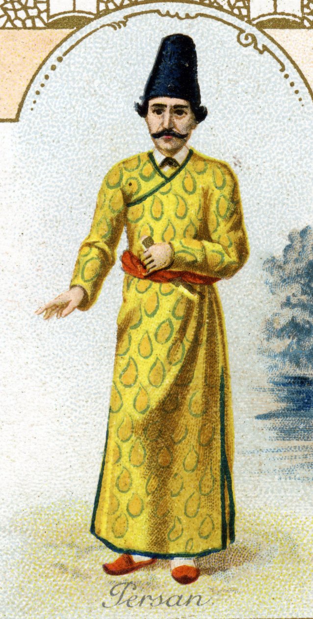 persisk mand. Udgave af det parisiske litografi, slutningen af det 19. århundrede. Serie på 25 reklamekromoer til Dijon-fremstillingen af kiks Pernot, skabt i 1869. Detalje af karaktererne i traditionel kostume af French School