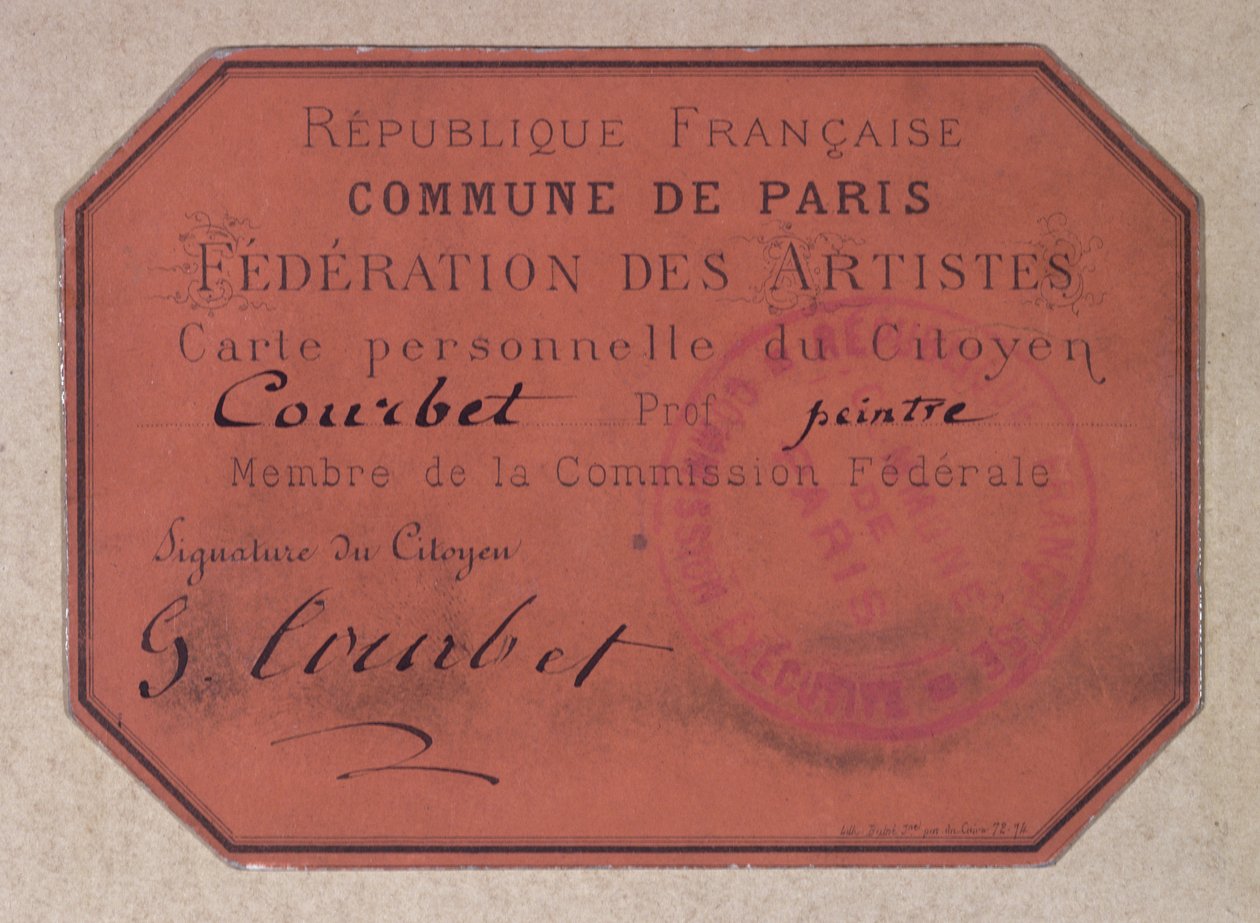 Personligt kort udstedt af Paris Federation of Artists under Paris Commune og tilhørende Gustave Courbet, 1871 (pap) af French School