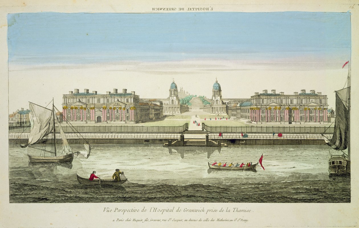 Perspektiv udsigt over Greenwich Hospital på Themsen, indgraveret af Huquier (farvegravering) af French School