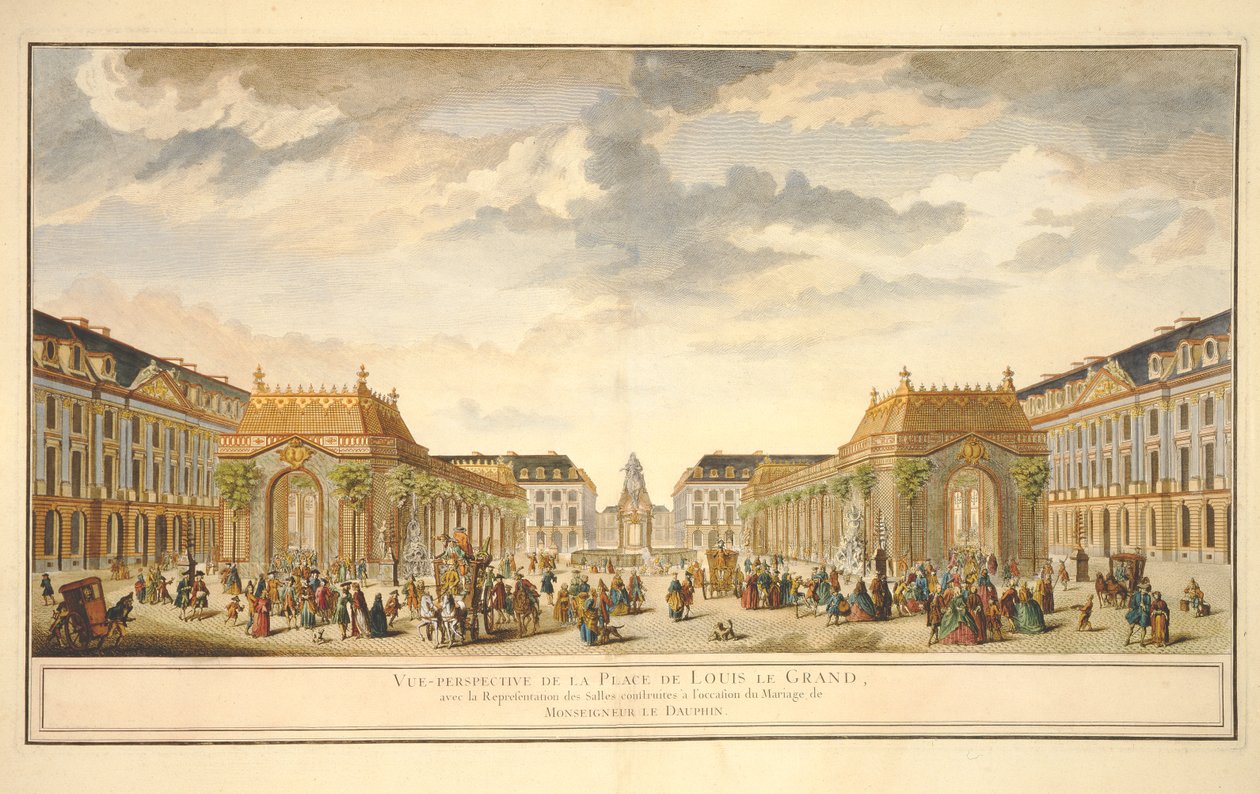 Perspektiv udsigt over Place de Louis le Grand med værelserne bygget i anledning af Monseigneur le Dauphins bryllup (farvegravering) af French School
