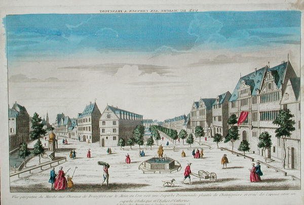 Perspektiv udsigt over Rossmarkt, Frankfurt (farvet gravering) af French School