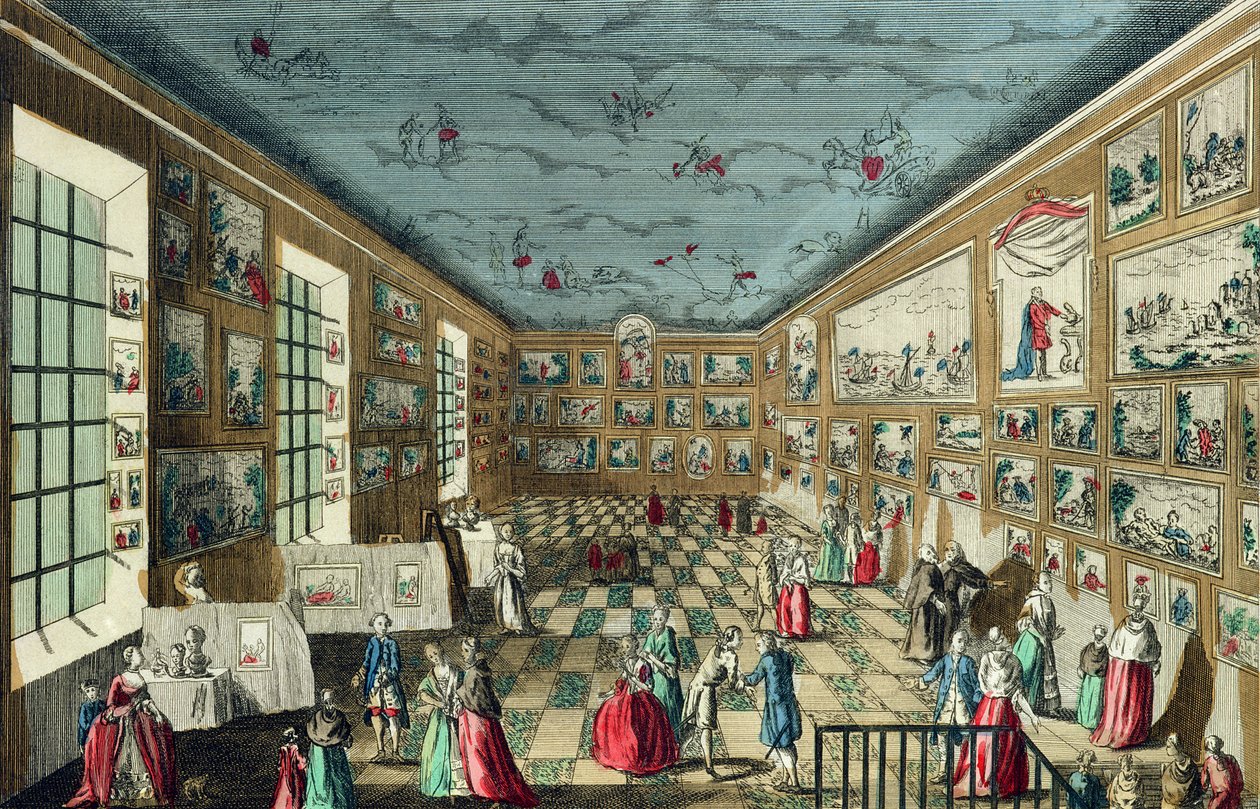 Perspektiv udsigt over Salonen af Royal Academy of Painting and Sculpture på Louvre, Paris af French School