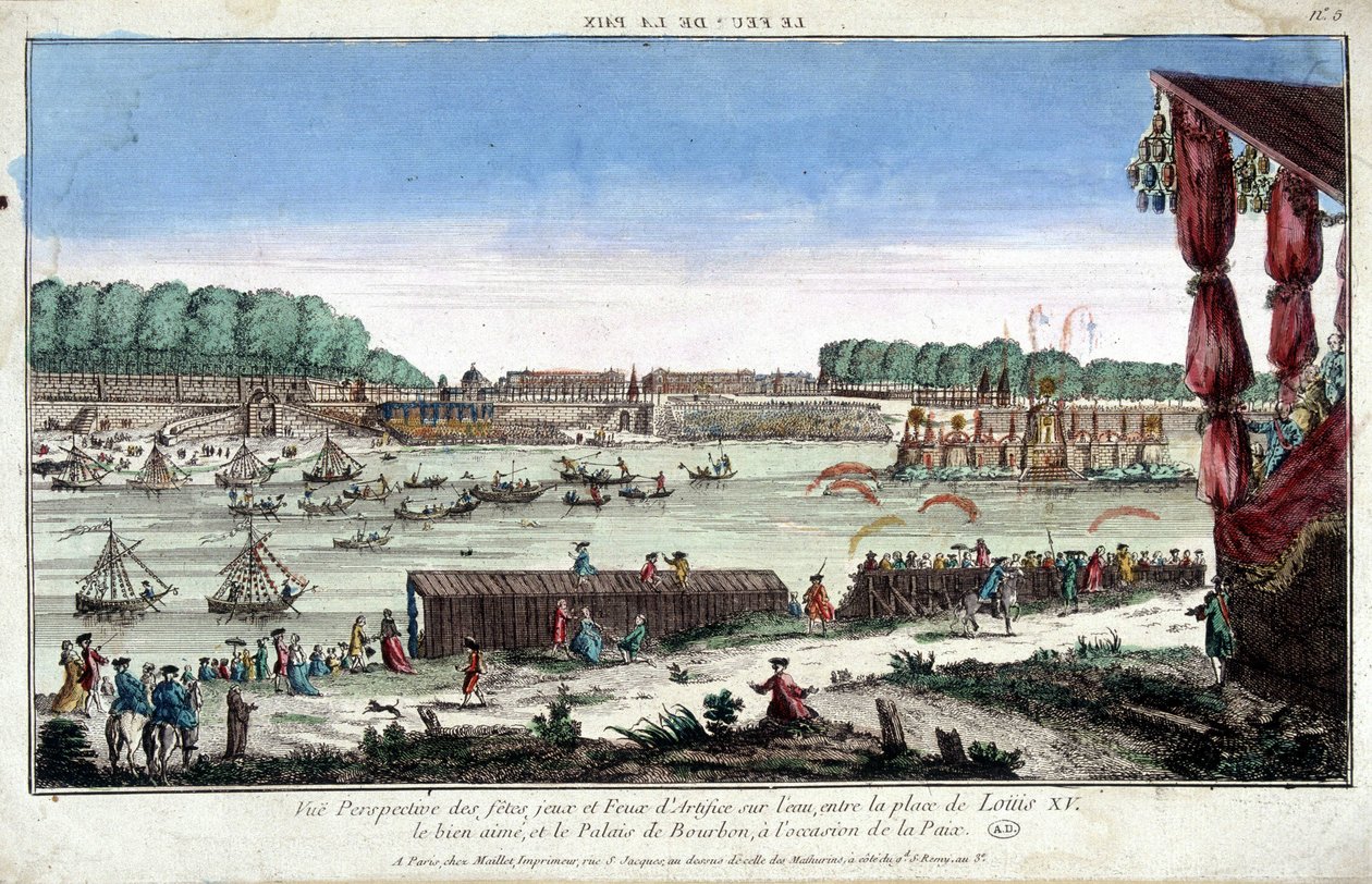 Perspektiv visning af fester, spil og fyrværkeri på vandet, mellem Place Louis XV og Palais Bourbon, i anledning af fred af French School