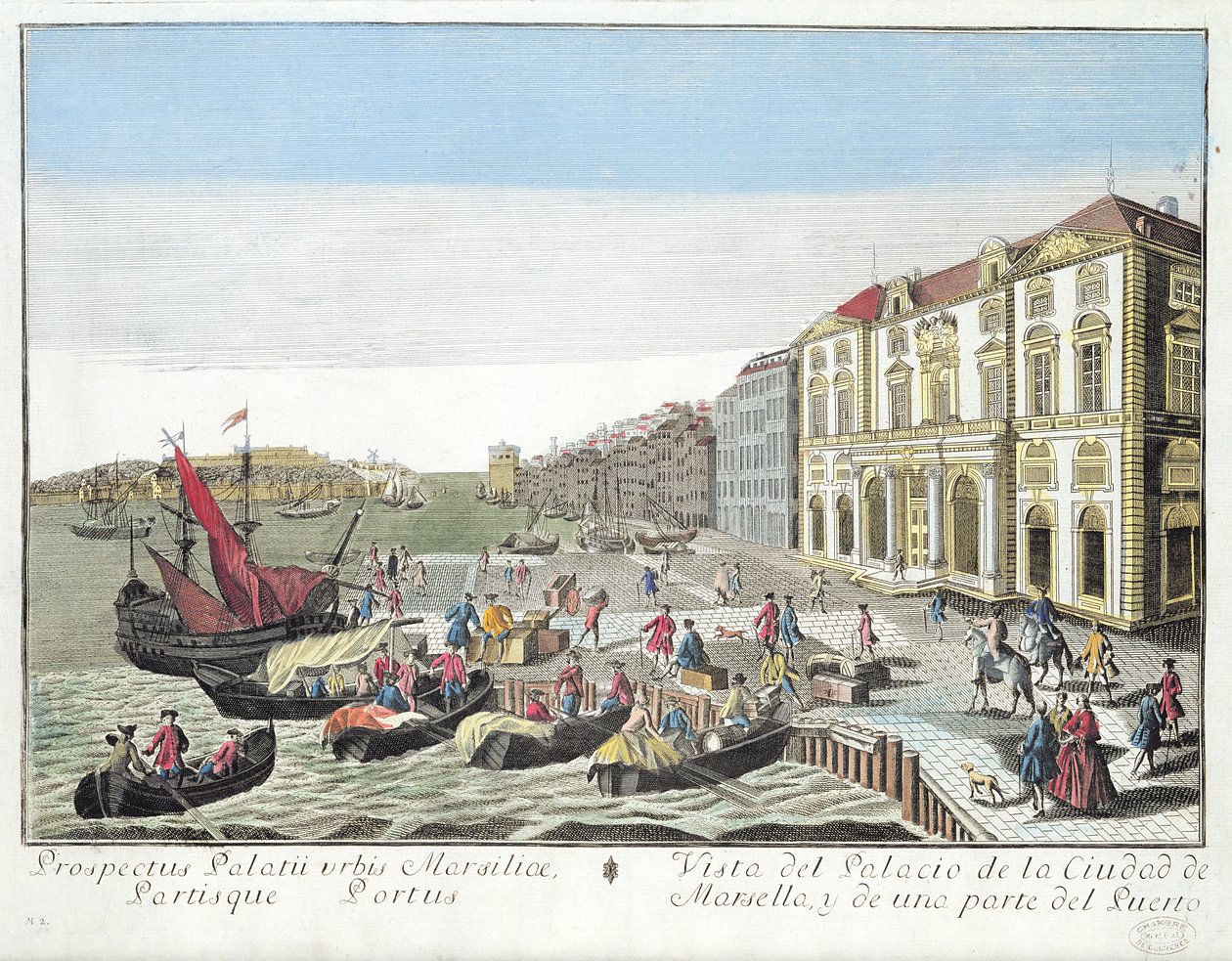 Perspektiv udsigt over rådhuset og en del af havnen i Marseille, ca. 1770 af French School