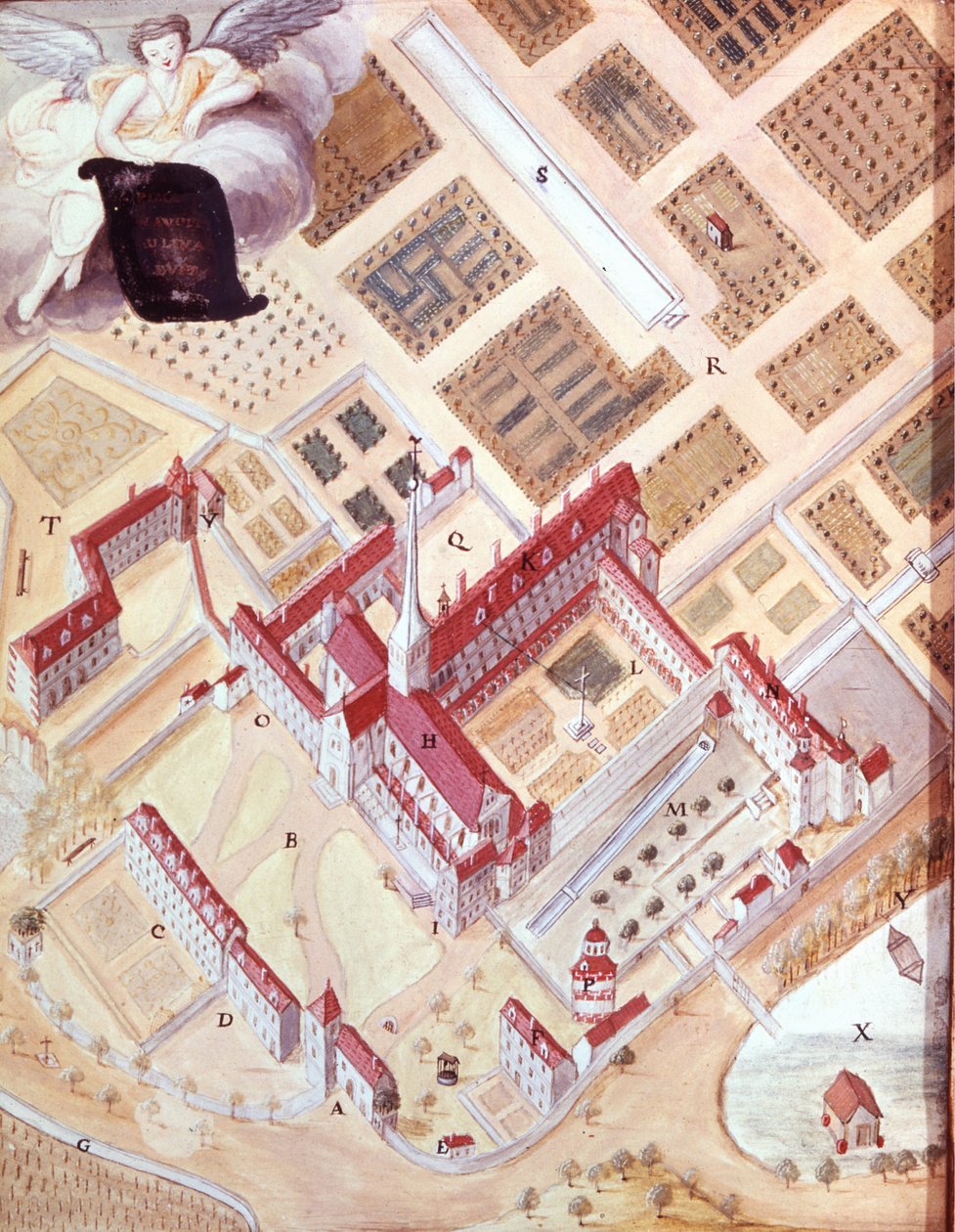 Perspektiv udsigt over klosteret Port Royal des Champs (Port-Royal-des-Champs) i luftlinje. 1700-tals gouache-tegning. Versailles museum af French School