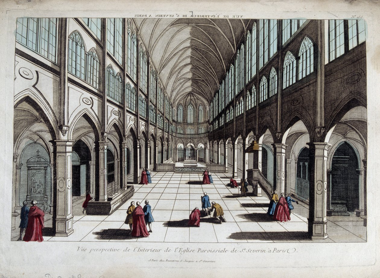 Perspektiv visning af det indre af kirken Saint Severin i Paris - optisk visning af French School
