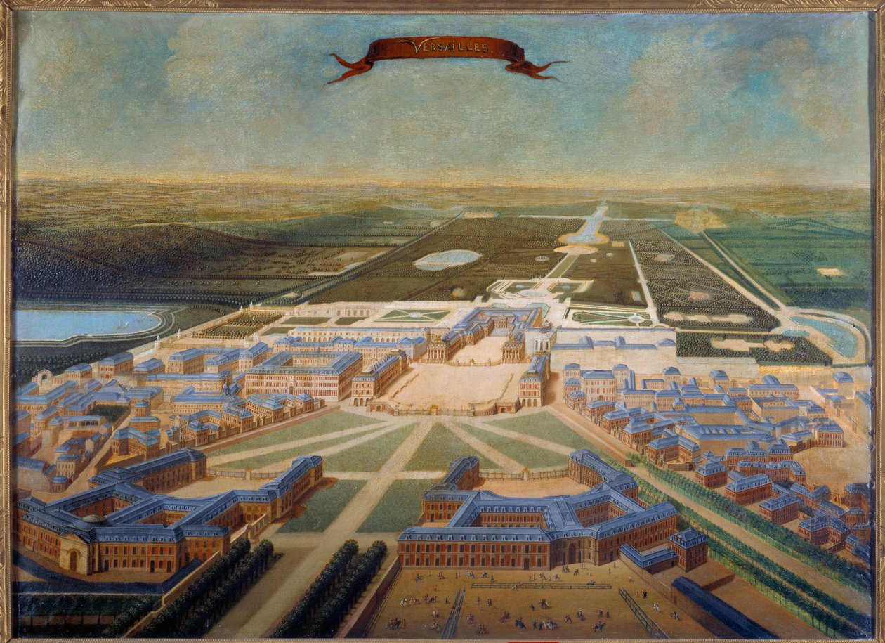 Perspektiv udsigt over slottets stalde og Versailles haver i slutningen af Ludvig XIV