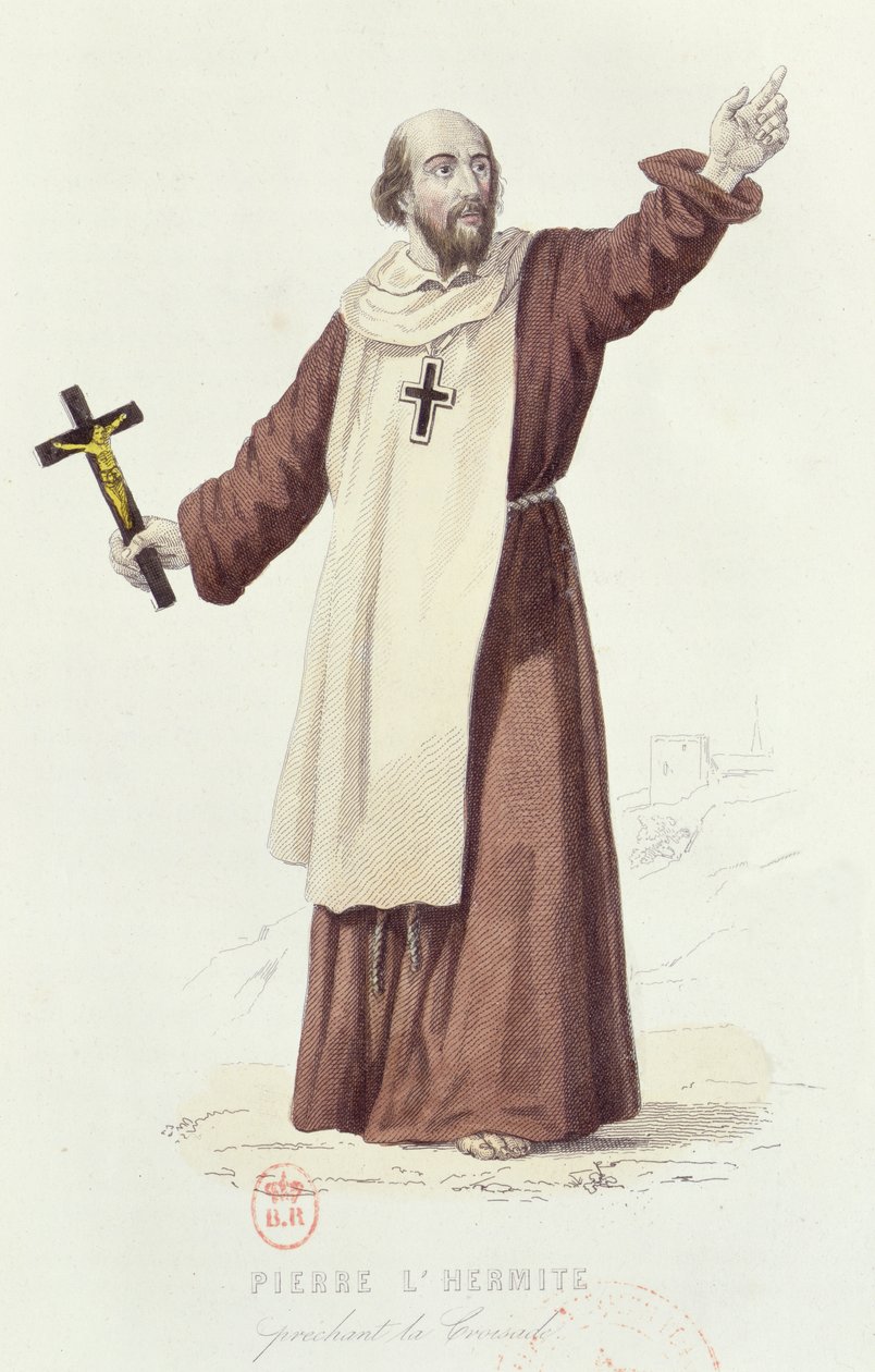 Eremitten Peter (ca. 1050-1115) prædikede det første korstog i 1095, ca. 1840 (farvegravering) af French School