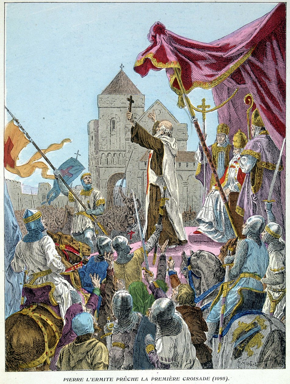 Eremitten Peter prædiker det 1. korstog i 1095 af French School