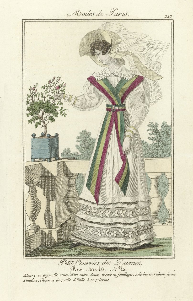 Petit Courrier des Dames, Rue Meslee nr. 25, fra Modes de Paris, pub. 1824 (farvet gravering) af French School