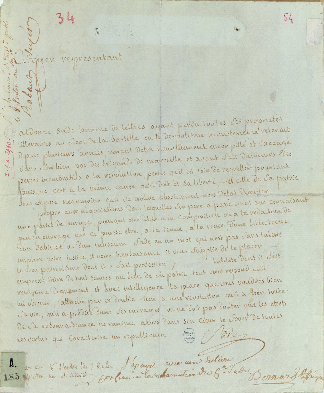 Andragende af Aldonze Safe for beskæftigelse, 1794-95 (pen og blæk på papir) af French School