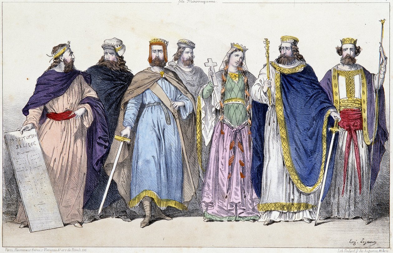 Pharamond, Clodion, Merovee, Childeric, Clotilde, Clovis 1er og Childebert 1er - i "Det franske monarki i tryk"" af French School