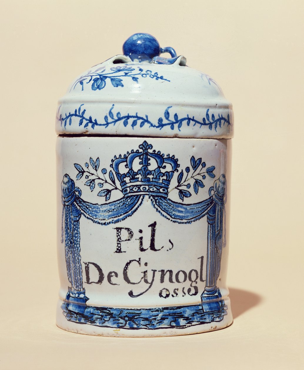 Farmaceutisk krukke til cynoglossum-tabletter, ca. 1700 (keramik) af French School