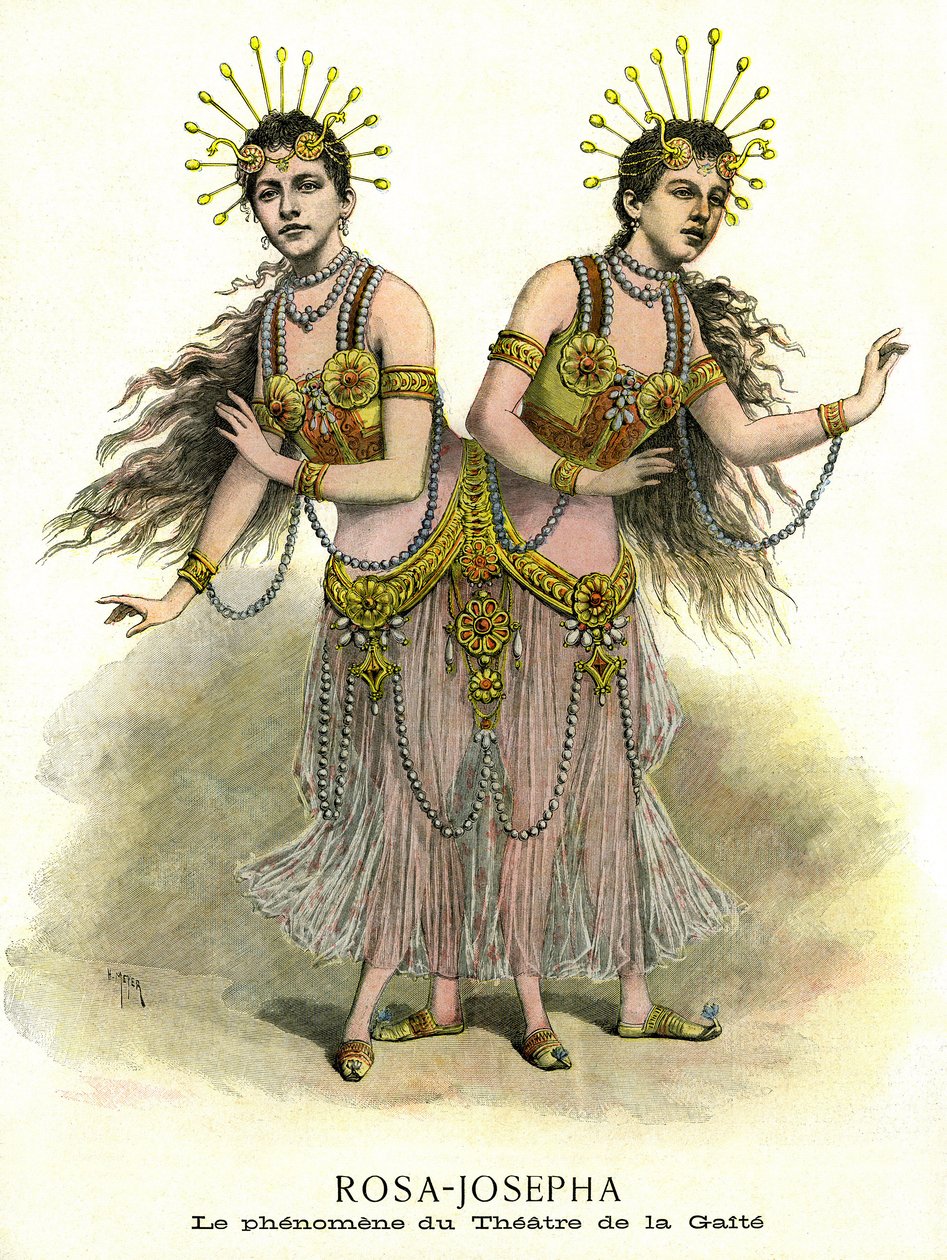 Fænomener i spektakel: Rose og Joseph, de siamesiske søstre, præsenteret på Theatre of the Gaite i Paris i 1891 (tryk) af French School