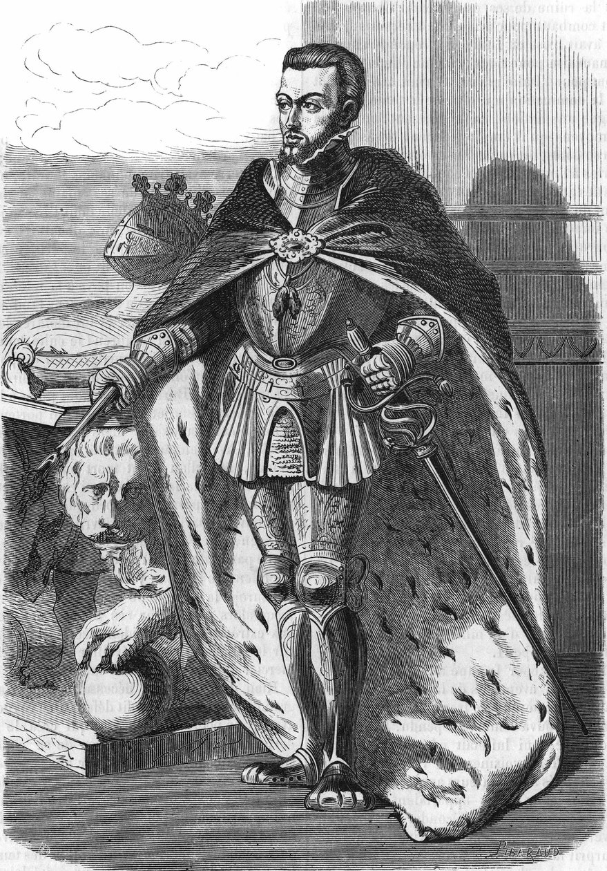 Filip II (1527-1598), konge af Spanien. I ""Popular History of France"", nd. ca. 1885. Stik. af French School