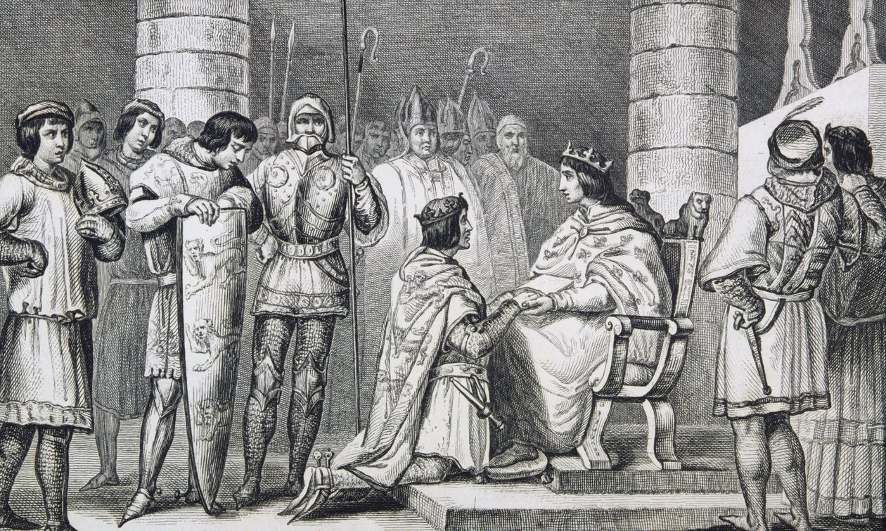 Philippe VI (1293-1350) de Valois hylder Edward III (1312-77) af England, men kun som hertug af Aquitaine, fra 