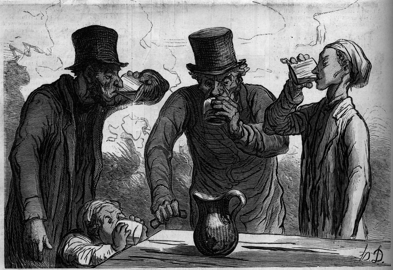 Drikkerens fysiologi: de fire aldre. Tegnefilm af Honore Daumier (1808-1879). Indgravering i "" Le Monde Illustré"" nr. 289 af 25. oktober af French School