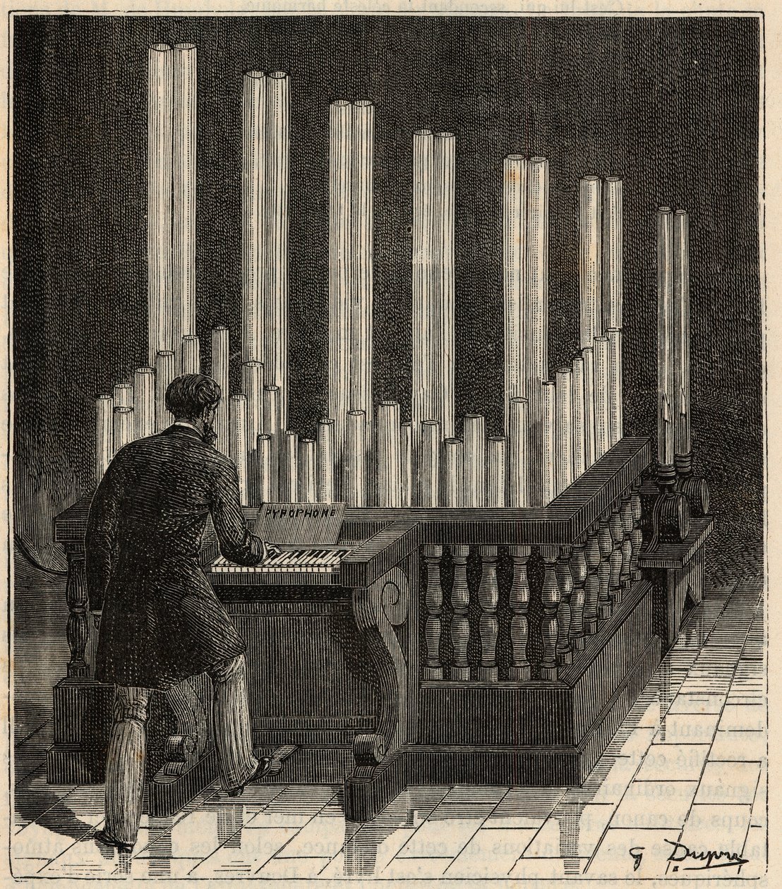 Piano a Gaz - (gasorgel) Pyrofon (ild-/eksplosionsorgel) (brand-/eksplosionscalliope) Indgravering i "" Videnskaber bragt til døren for alle - Populær fysik og kemi" af Alexis Clerc - Slutningen af det 19. århundrede - Privat samling af French School