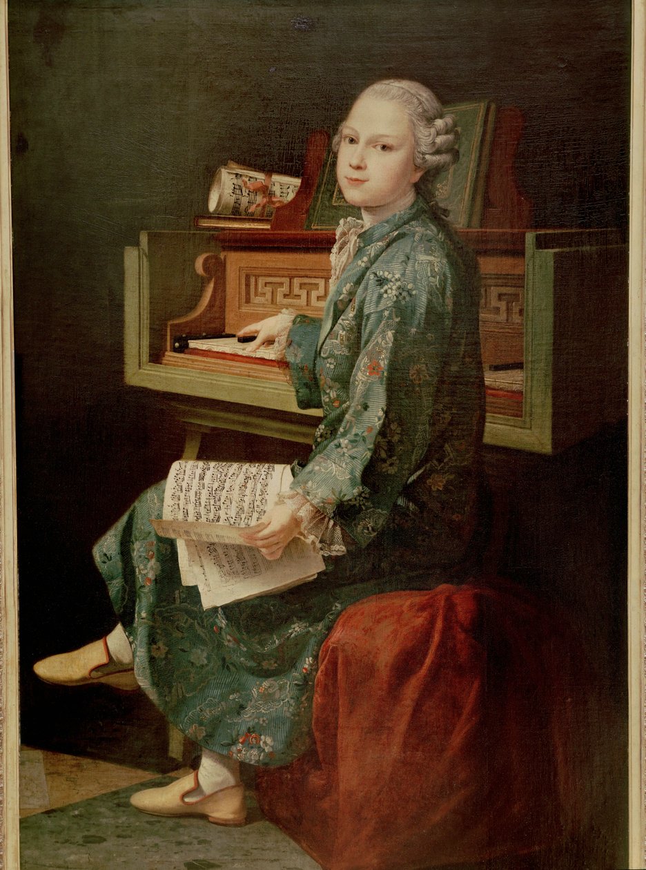 Billede af en ung mand ved klaveret, som siges at være Mozart ... af French School