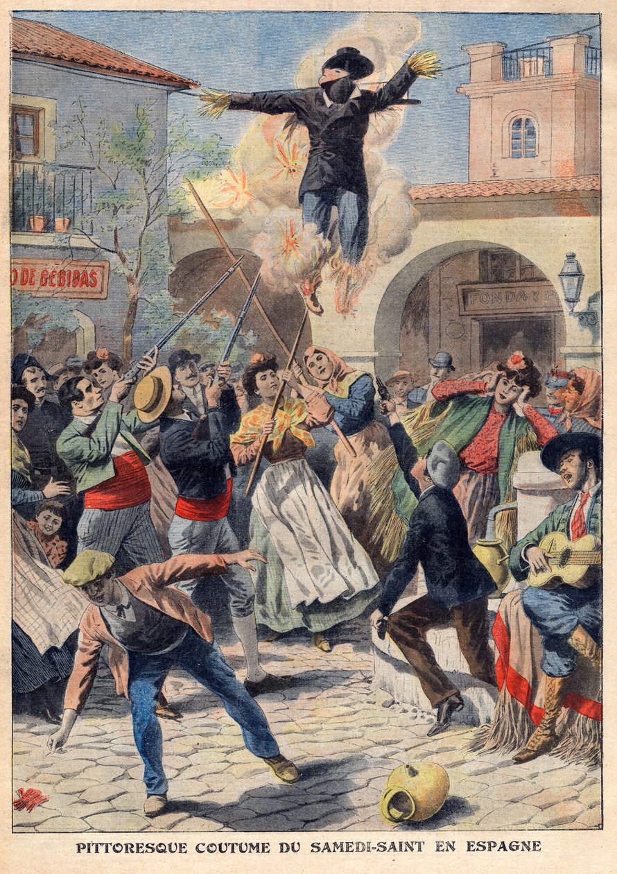 Malerisk skik på hellig lørdag i Spanien: folket laver en flet mannequin klædt i oriskins (Judas), der går gennem gaderne, invektiv, skudt og brændt - illustration fra "The Petit Journal" af 31. marts af French School