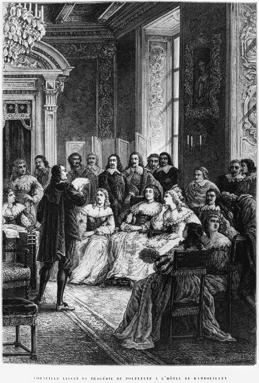 Pierre Corneille (1606-84) læser Polyeucte på Hotel de Rambouillet, ca. 1880 af French School