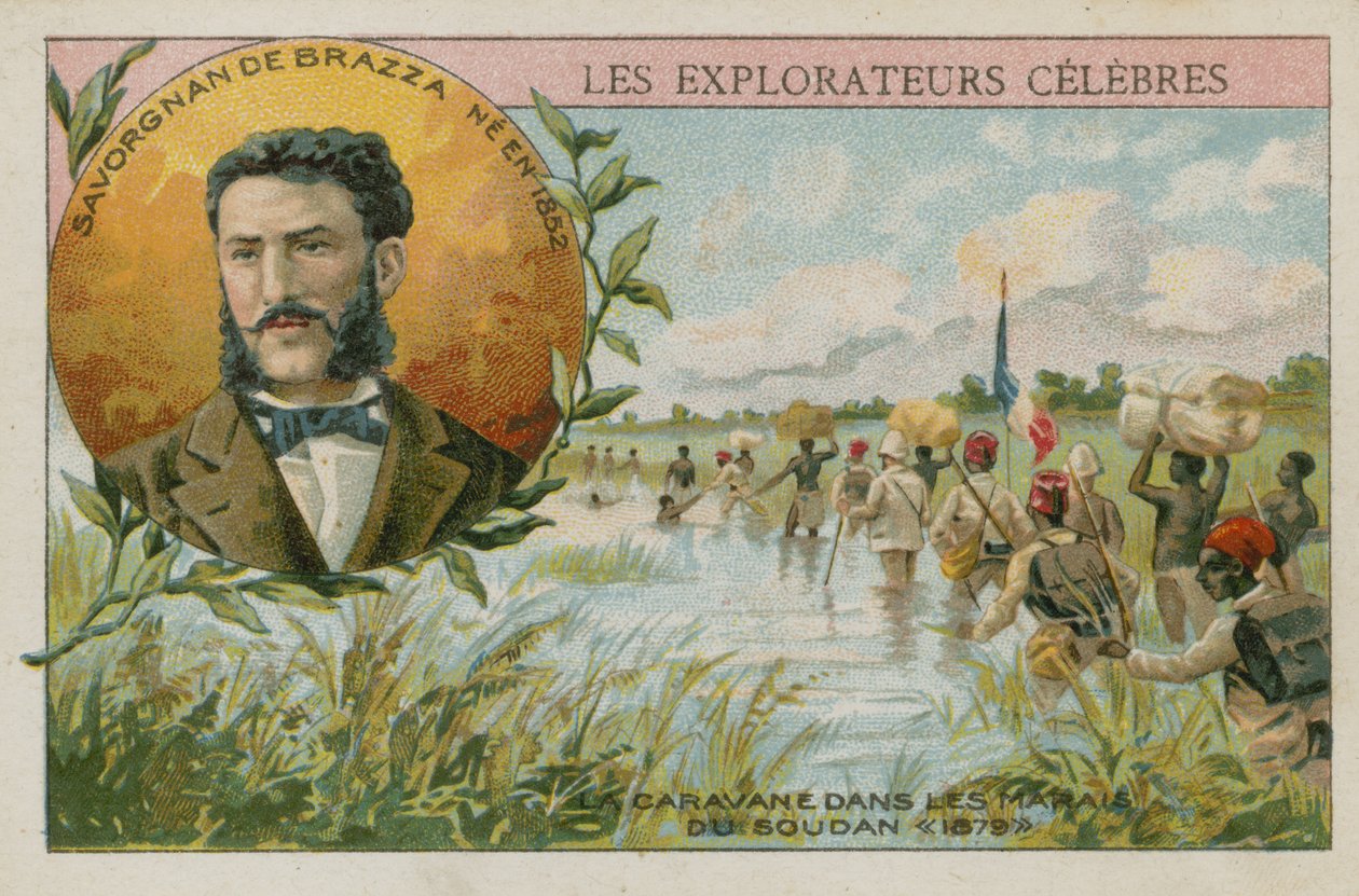 Pierre Savorgnan de Brazza, italiensk-født fransk opdagelsesrejsende (chromolitho) af French School